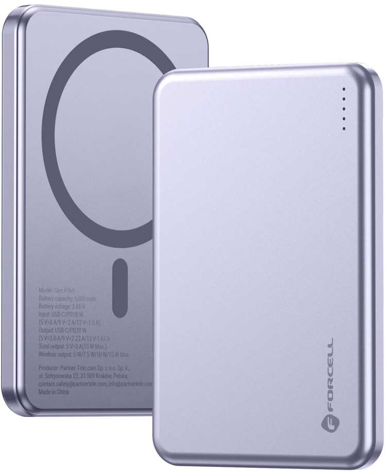 Powerbank compatible with MagSafe Forcell F-Energy Slim F5K9 QC4.0 PD3.0 15W 5000 mAh violetinė