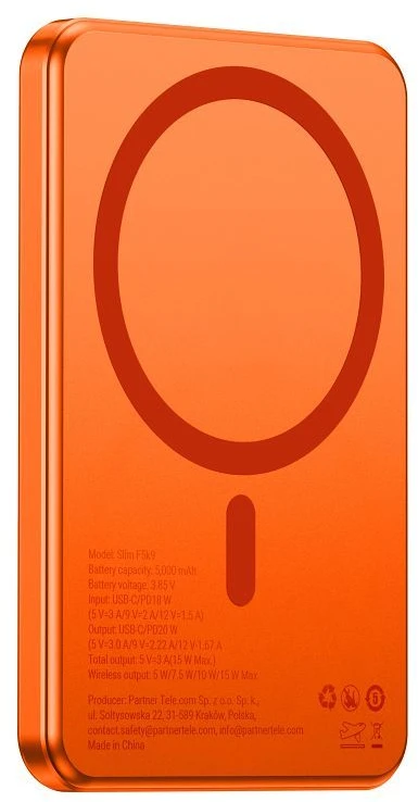 Powerbank compatible with MagSafe Forcell F-Energy Slim F5K9 QC4.0 PD3.0 15W 5000 mAh oranžinis