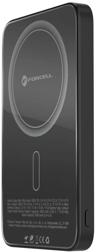 Powerbank compatible with MagSafe Forcell F-Energy SuperSlim F5K8 QC4.0 PD3.0 15W 5000 mAh juodas