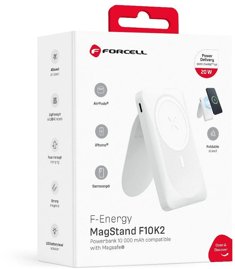 Nešiojamoji baterija, suderinama su „MagSafe Forcell F-Energy MagStand F10K2 QC3.0 PD 5A 20W 10000 mAh baltas“