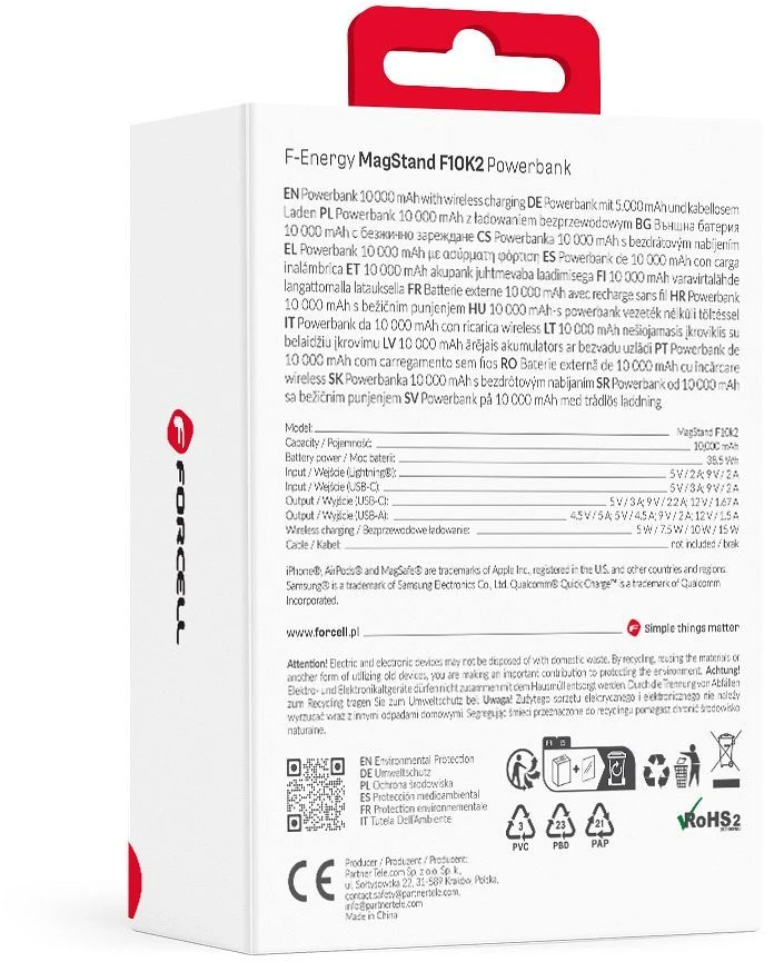 Nešiojamoji baterija, suderinama su „MagSafe Forcell F-Energy MagStand F10K2 QC3.0 PD 5A 20W 10000 mAh baltas“