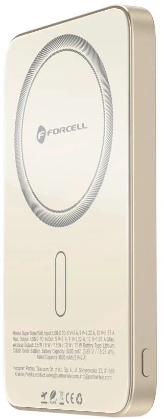 Powerbank compatible with MagSafe Forcell F-Energy SuperSlim F5K8 QC4.0 PD3.0 15W 5000 mAh titanium desert