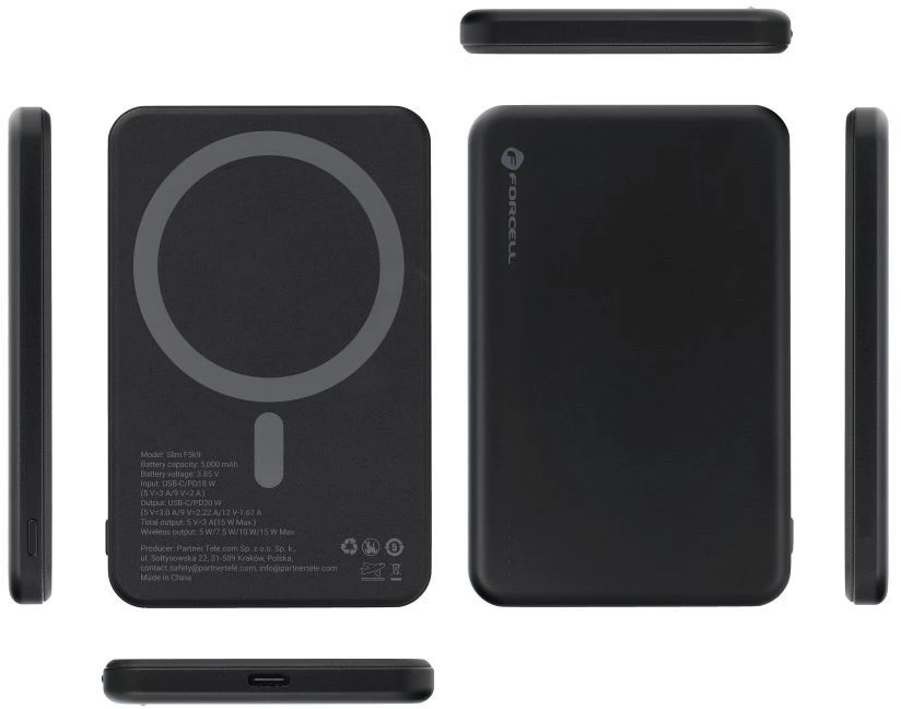 Powerbank compatible with MagSafe Forcell F-Energy Slim F5K9 QC4.0 PD3.0 15W 5000 mAh juodas