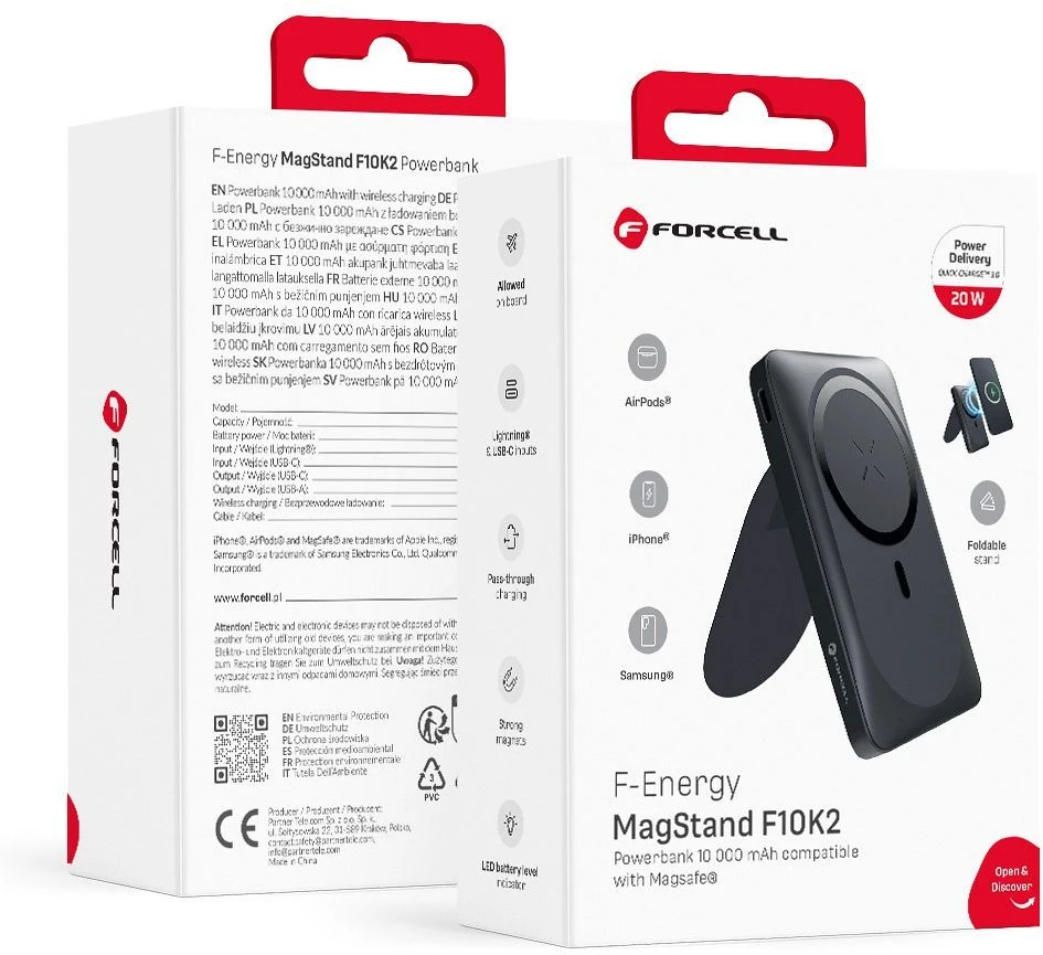 Išorinė baterija POWER BANK Forcell F-ENERGY (F10K2) 10000mAh su belaidžiu įkrovikliu (Magsafe 20W) juoda