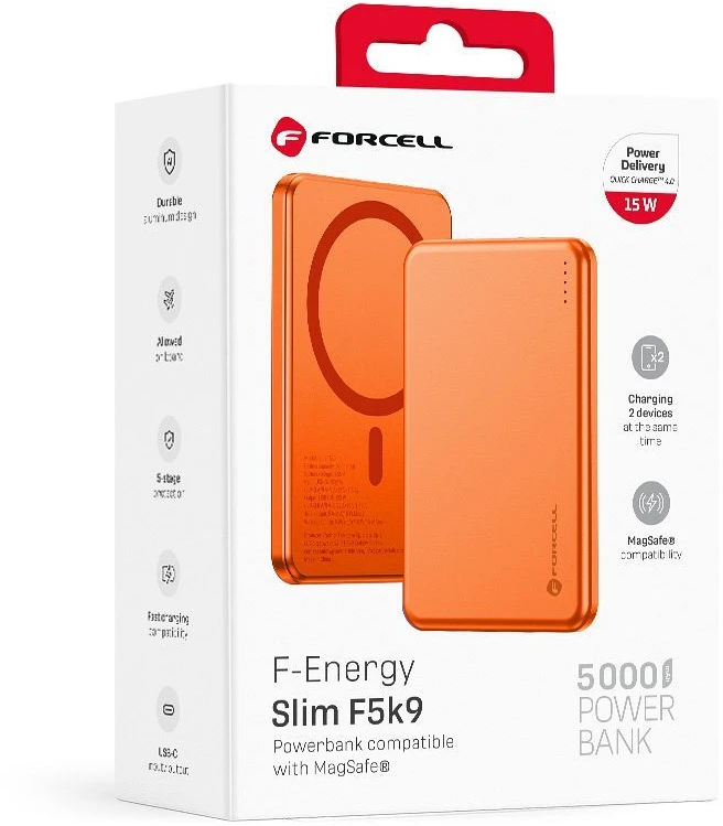 Powerbank compatible with MagSafe Forcell F-Energy Slim F5K9 QC4.0 PD3.0 15W 5000 mAh oranžinis