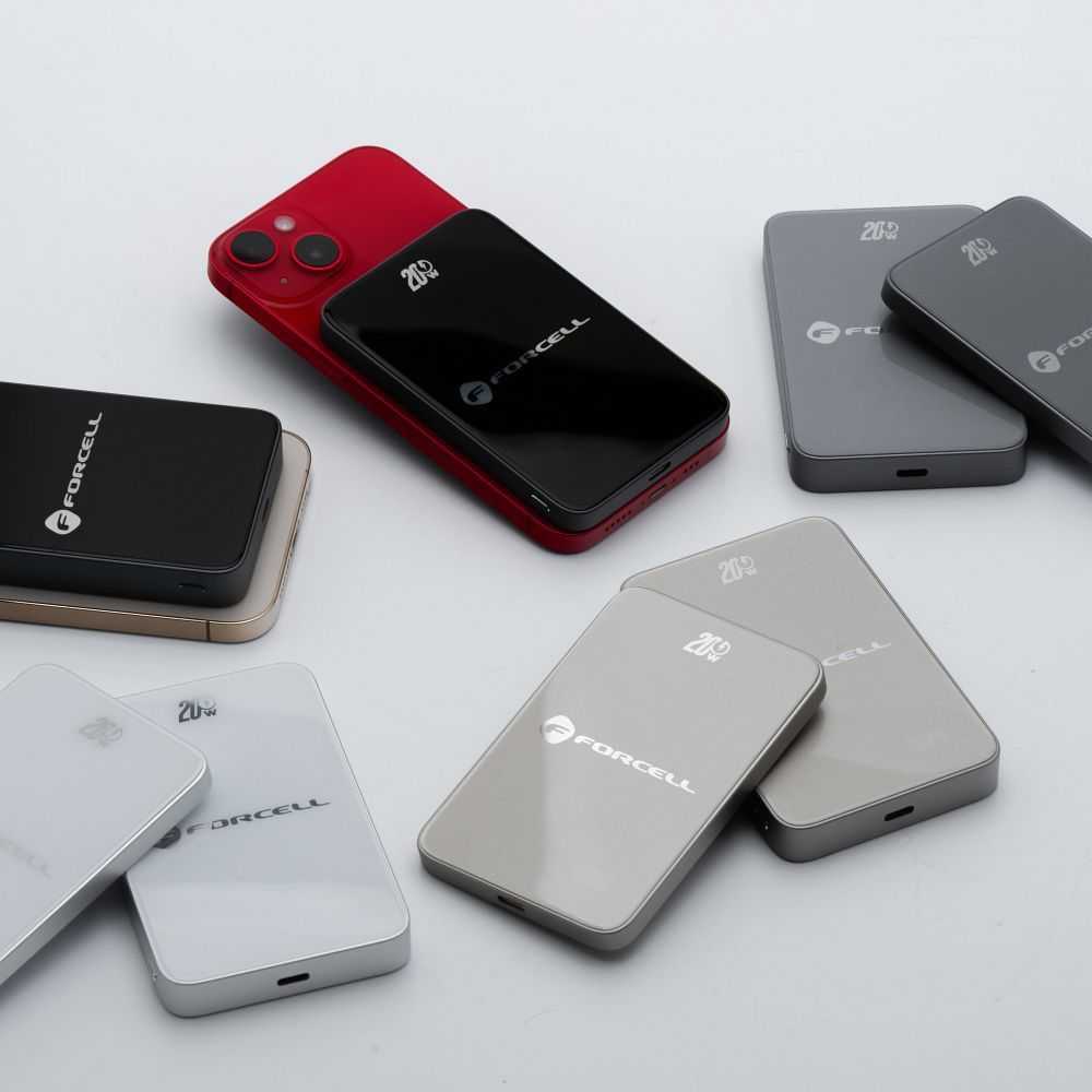 Powerbank compatible with MagSafe Forcell F-Energy SuperSlim F5K8 QC4.0 PD3.0 15W 5000 mAh juodas