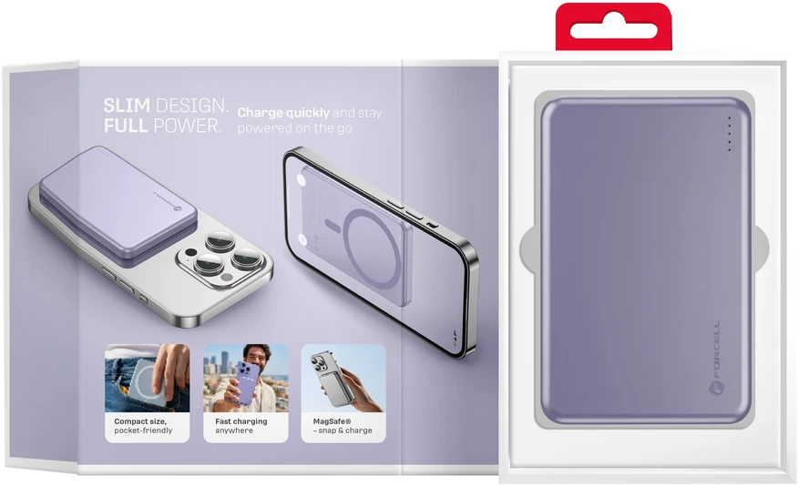 Powerbank compatible with MagSafe Forcell F-Energy Slim F5K9 QC4.0 PD3.0 15W 5000 mAh violetinė