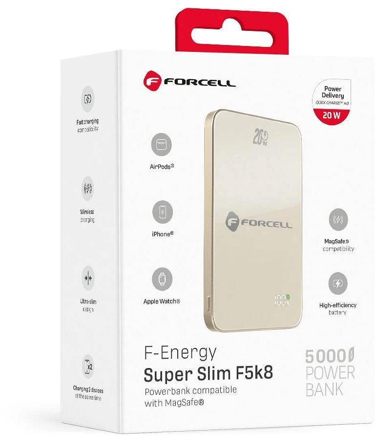 Powerbank compatible with MagSafe Forcell F-Energy SuperSlim F5K8 QC4.0 PD3.0 15W 5000 mAh titanium desert