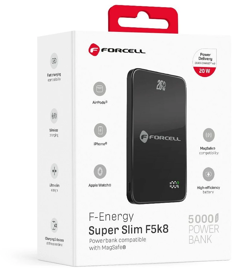 Powerbank compatible with MagSafe Forcell F-Energy SuperSlim F5K8 QC4.0 PD3.0 15W 5000 mAh juodas