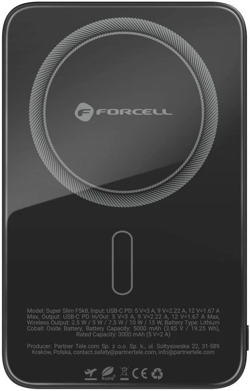 Powerbank compatible with MagSafe Forcell F-Energy SuperSlim F5K8 QC4.0 PD3.0 15W 5000 mAh juodas