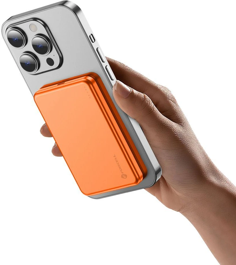 Powerbank compatible with MagSafe Forcell F-Energy Slim F5K9 QC4.0 PD3.0 15W 5000 mAh oranžinis