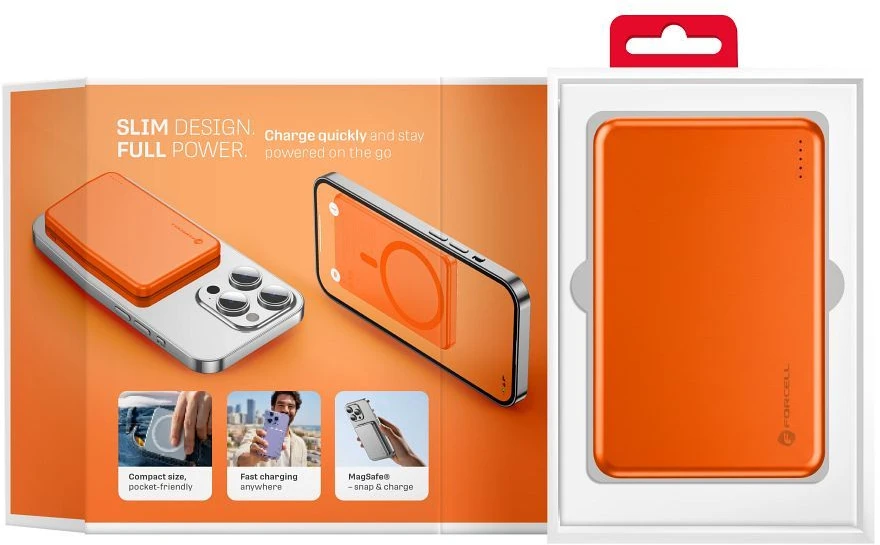 Powerbank compatible with MagSafe Forcell F-Energy Slim F5K9 QC4.0 PD3.0 15W 5000 mAh oranžinis