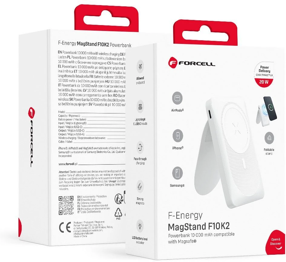 Nešiojamoji baterija, suderinama su „MagSafe Forcell F-Energy MagStand F10K2 QC3.0 PD 5A 20W 10000 mAh baltas“