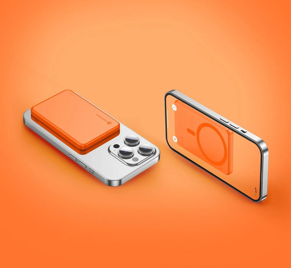 Powerbank compatible with MagSafe Forcell F-Energy Slim F5K9 QC4.0 PD3.0 15W 5000 mAh oranžinis