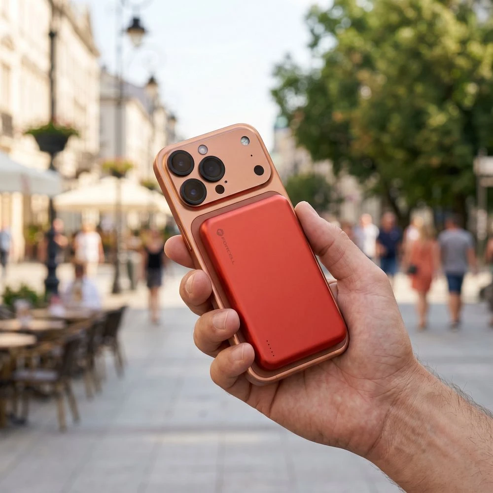 Powerbank compatible with MagSafe Forcell F-Energy Slim F5K9 QC4.0 PD3.0 15W 5000 mAh oranžinis
