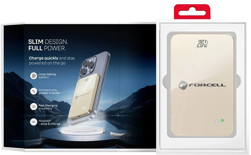 Powerbank compatible with MagSafe Forcell F-Energy SuperSlim F5K8 QC4.0 PD3.0 15W 5000 mAh titanium desert