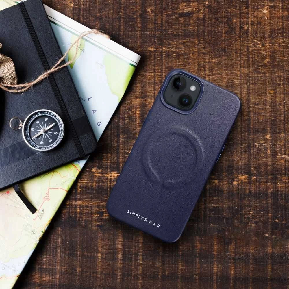 ROAR LEATHER MAG dėklas, suderinamas su „MagSafe“, skirtas IPHONE 15, tamsiai mėlynas