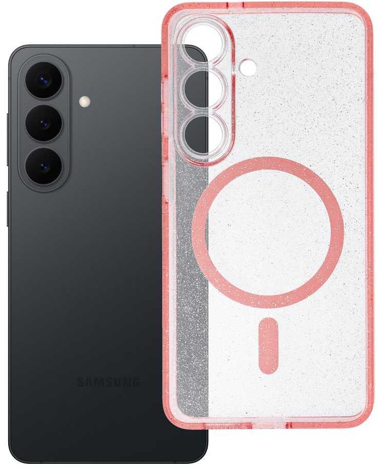 Oem Samsung S26 skaidrus Mag dėklas - blizgučiais (strypas / kameros apsauga) suderinamas su MagSafe rožiniais blizgučiais
