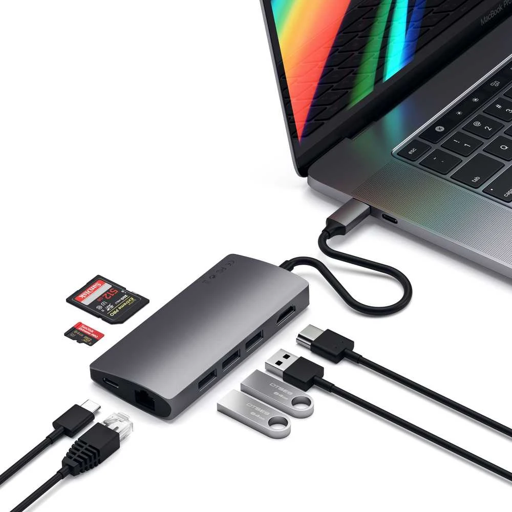 „Satechi Aliumini Adapteris V2 USB-C“ (USB-C, 3x USB-A, 4K HDMI, mikro / SD kortelių skaitytuvas, Ethernet) (pilka erdvė)