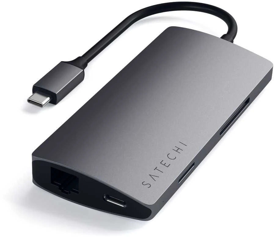 „Satechi Aliumini Adapteris V2 USB-C“ (USB-C, 3x USB-A, 4K HDMI, mikro / SD kortelių skaitytuvas, Ethernet) (pilka erdvė)