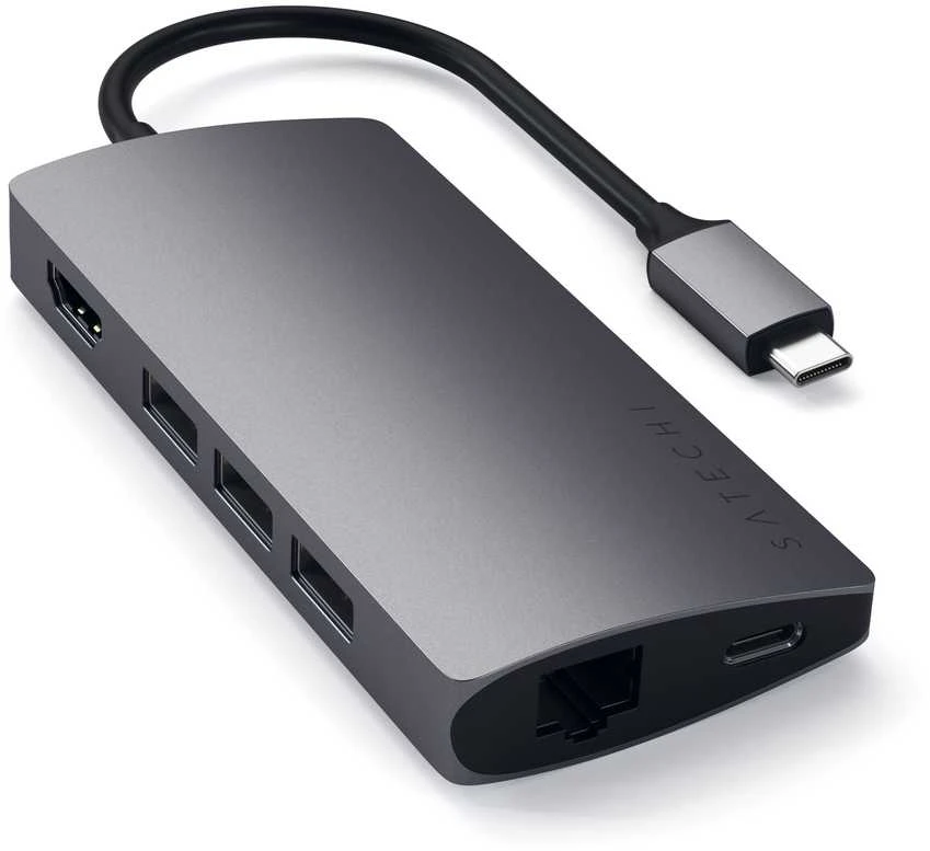 „Satechi Aliumini Adapteris V2 USB-C“ (USB-C, 3x USB-A, 4K HDMI, mikro / SD kortelių skaitytuvas, Ethernet) (pilka erdvė)
