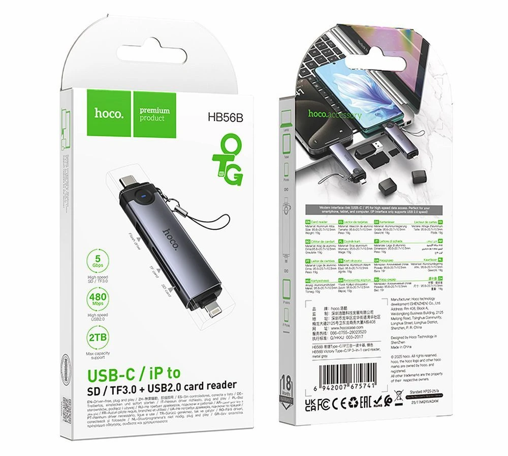 Card reader SD/TF 3.0 + USB 2.0 Type-C/Lightning Hoco HB56B pilkas