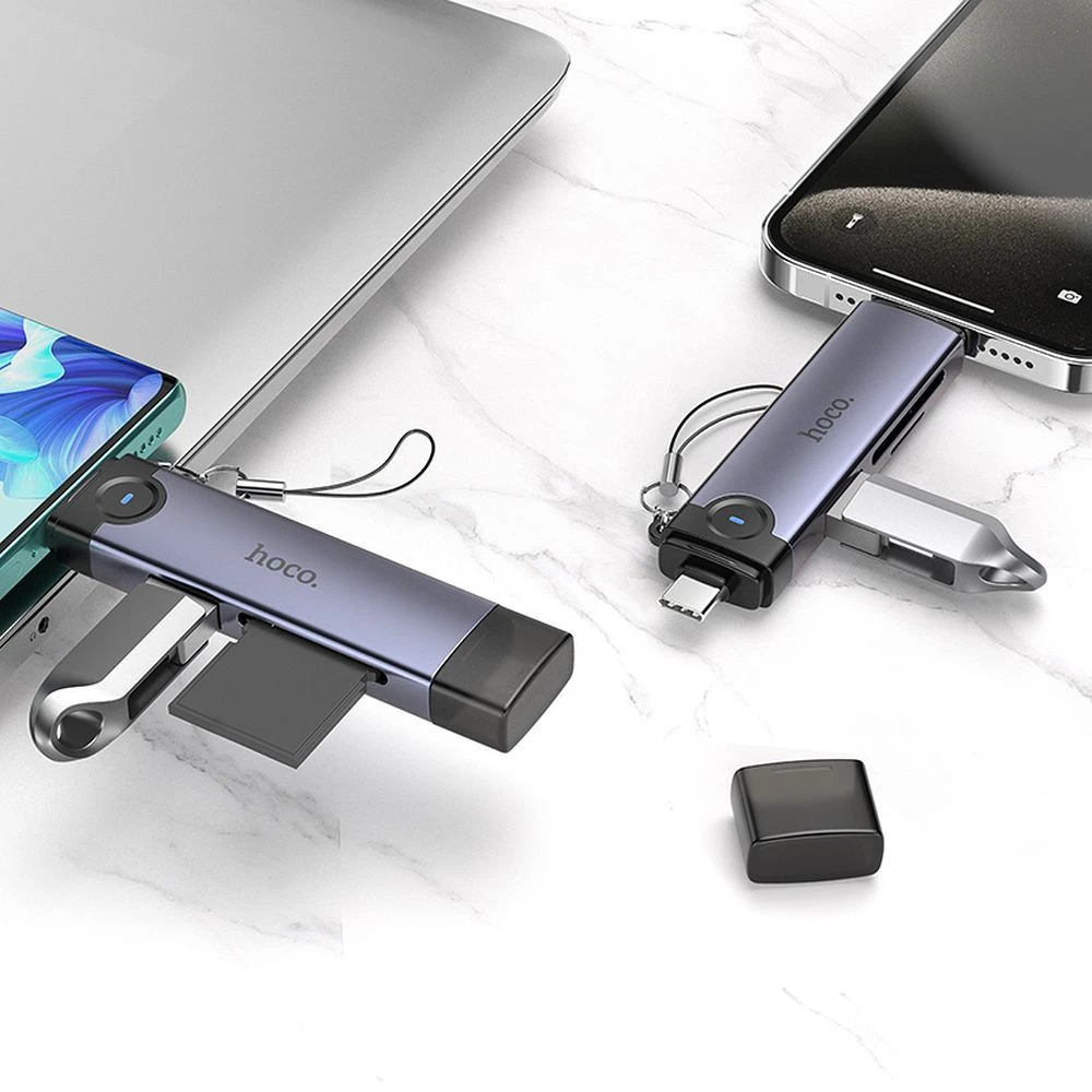 Card reader SD/TF 3.0 + USB 2.0 Type-C/Lightning Hoco HB56B pilkas
