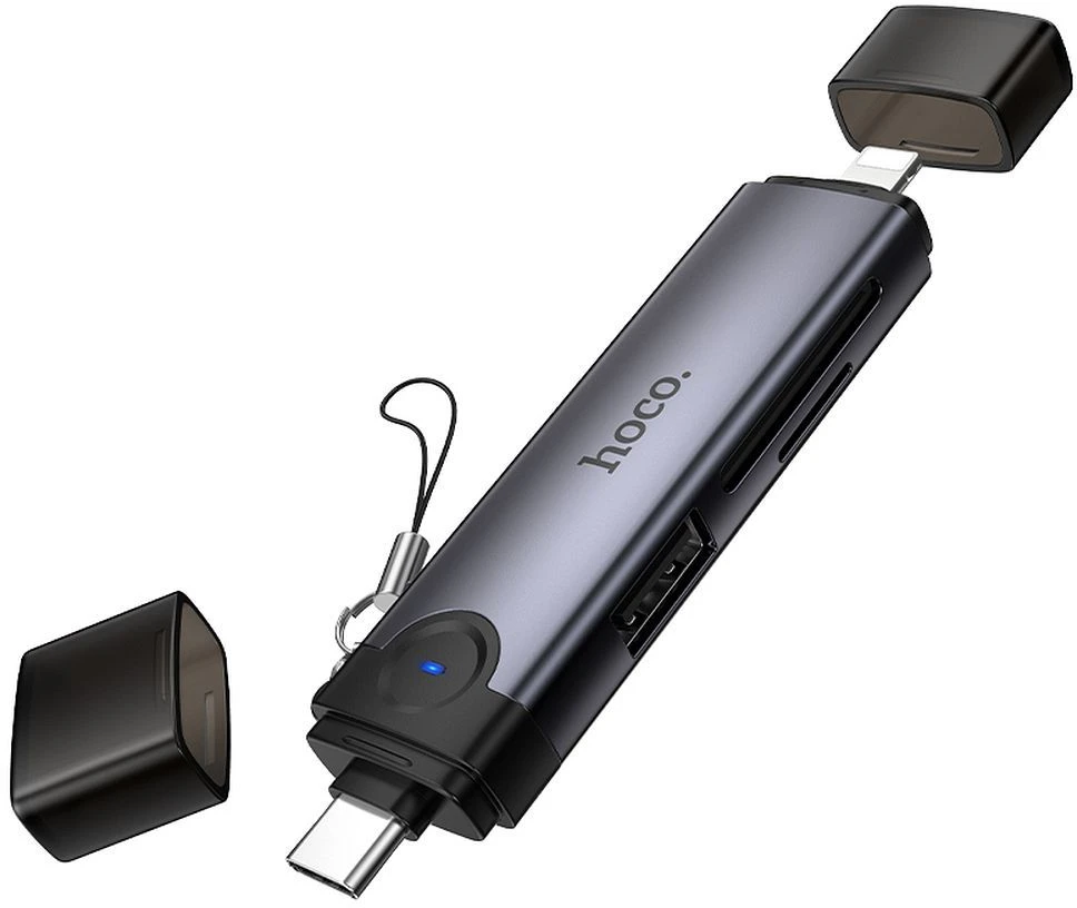 Card reader SD/TF 3.0 + USB 2.0 Type-C/Lightning Hoco HB56B pilkas