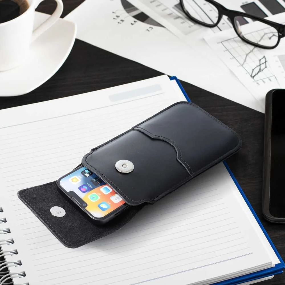 Dėklas OEM odinis universalus slankiklis su atvartu - ROYAL / juodas - 2XL dydis - IPHONE 6 PLUS / SAMSUNG A52 / XIAOMI REDMI NOTE 10