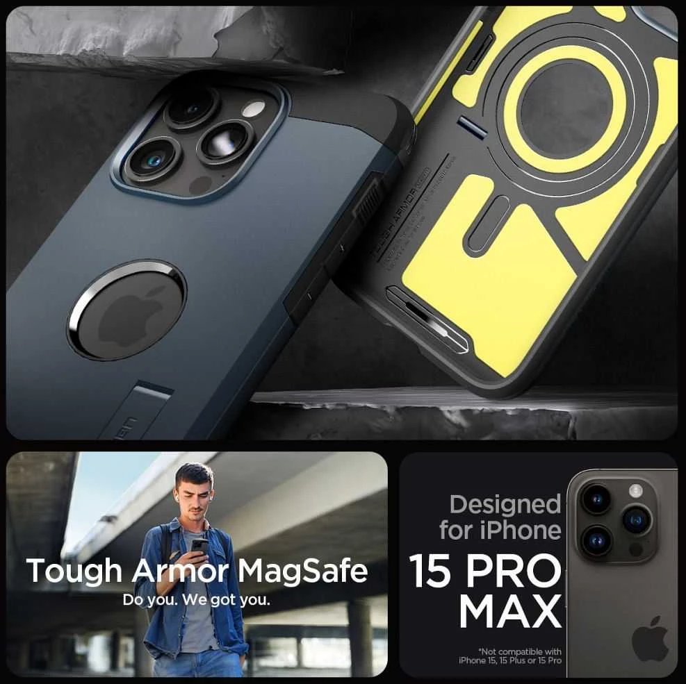 Spigen Tough Armor (MagFit) dėklas skirtas Apple iPhone 15 Pro Max, spalva - Metal Slate
