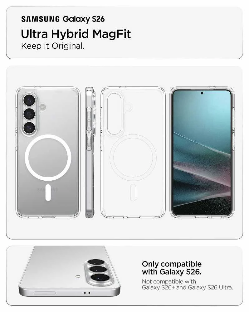 SPIGEN ULTRA HYBRID MAG dėklas, suderinamas su MagSafe, skirtas S26, skaidrus / baltas