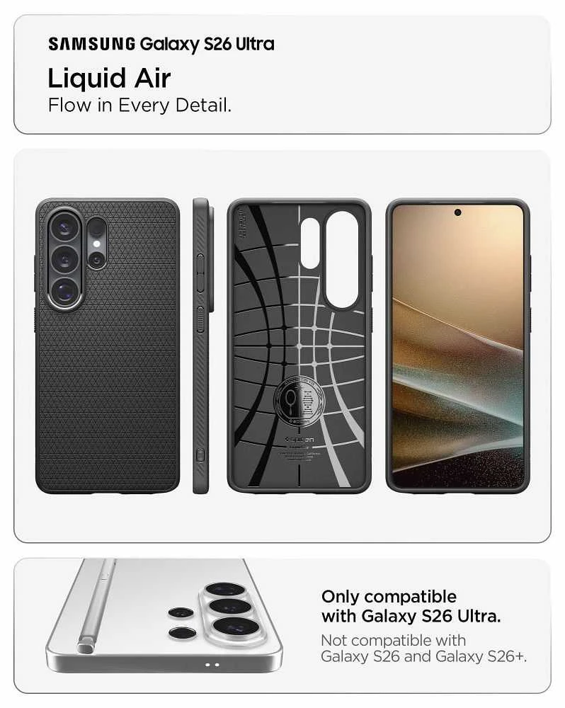 Spigen Liquid Air dėklas skirtas Samsung Galaxy S26 Ultra – juodos spalvos