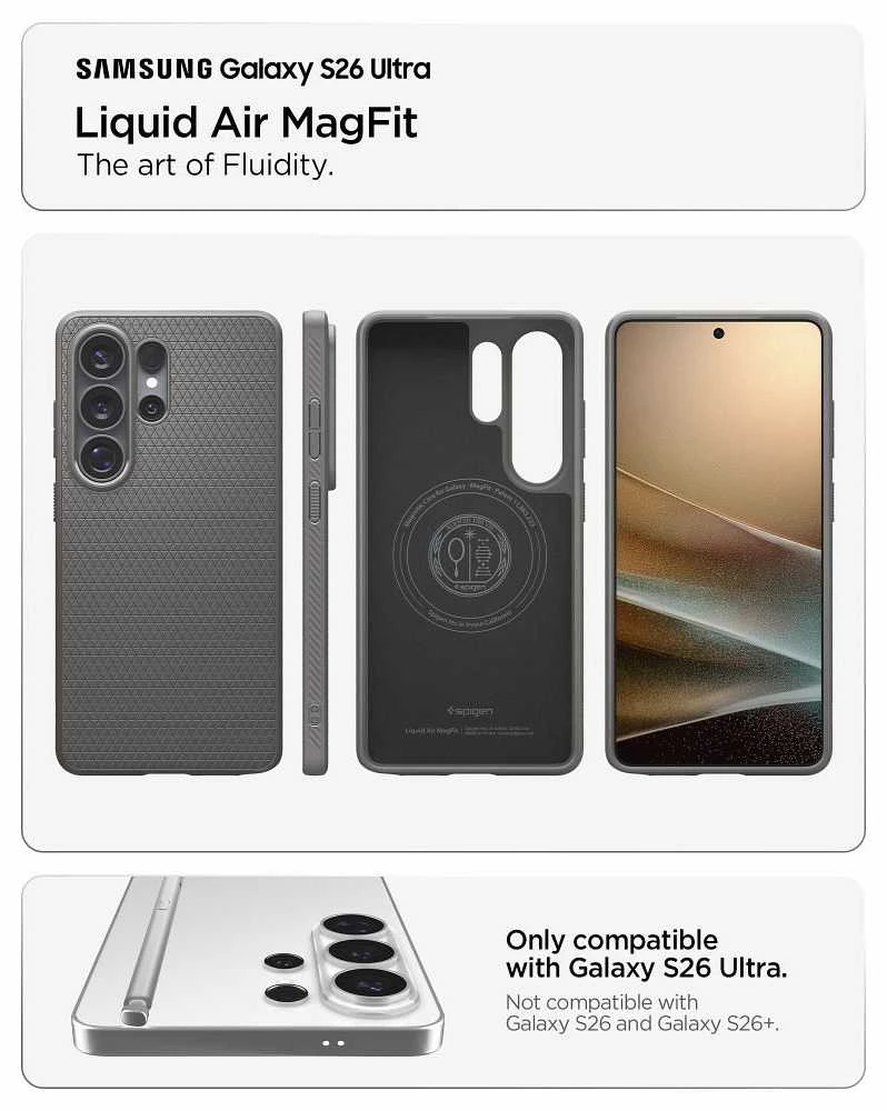 Spigen Liquid Air Mag MagSafe dėklas skirtas Samsung Galaxy S26 Ultra – pilkos spalvos