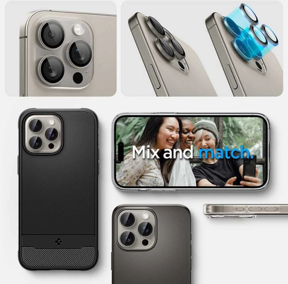 Kameros apsauga iPhone 14 Pro / 14 Pro Max / 15 Pro / 15 Pro Max / 16 Pro / 16 Pro Max / 17 Pro / 17 Pro Max Spigen Optik.TR Camera Protector 2 vnt. natūralaus titano smėlio spalvos