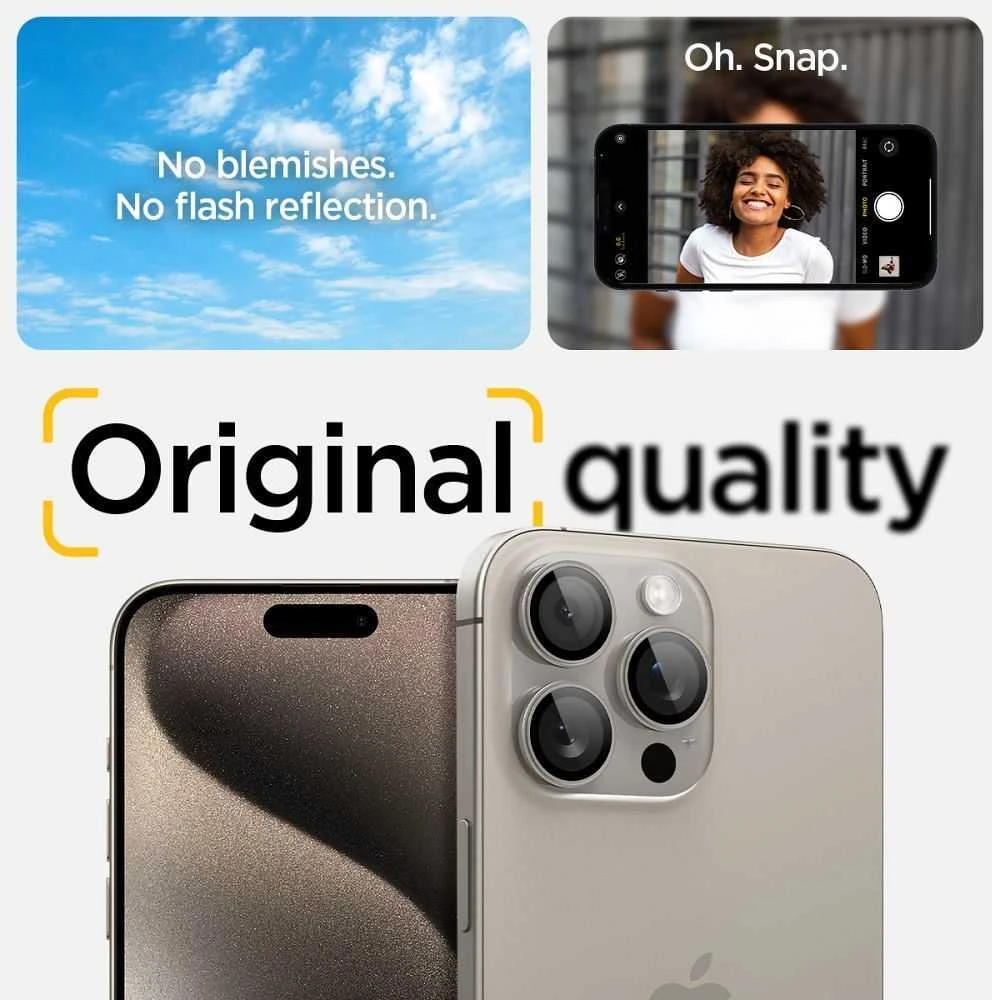 Kameros apsauga iPhone 14 Pro / 14 Pro Max / 15 Pro / 15 Pro Max / 16 Pro / 16 Pro Max / 17 Pro / 17 Pro Max Spigen Optik.TR Camera Protector 2 vnt. natūralaus titano smėlio spalvos