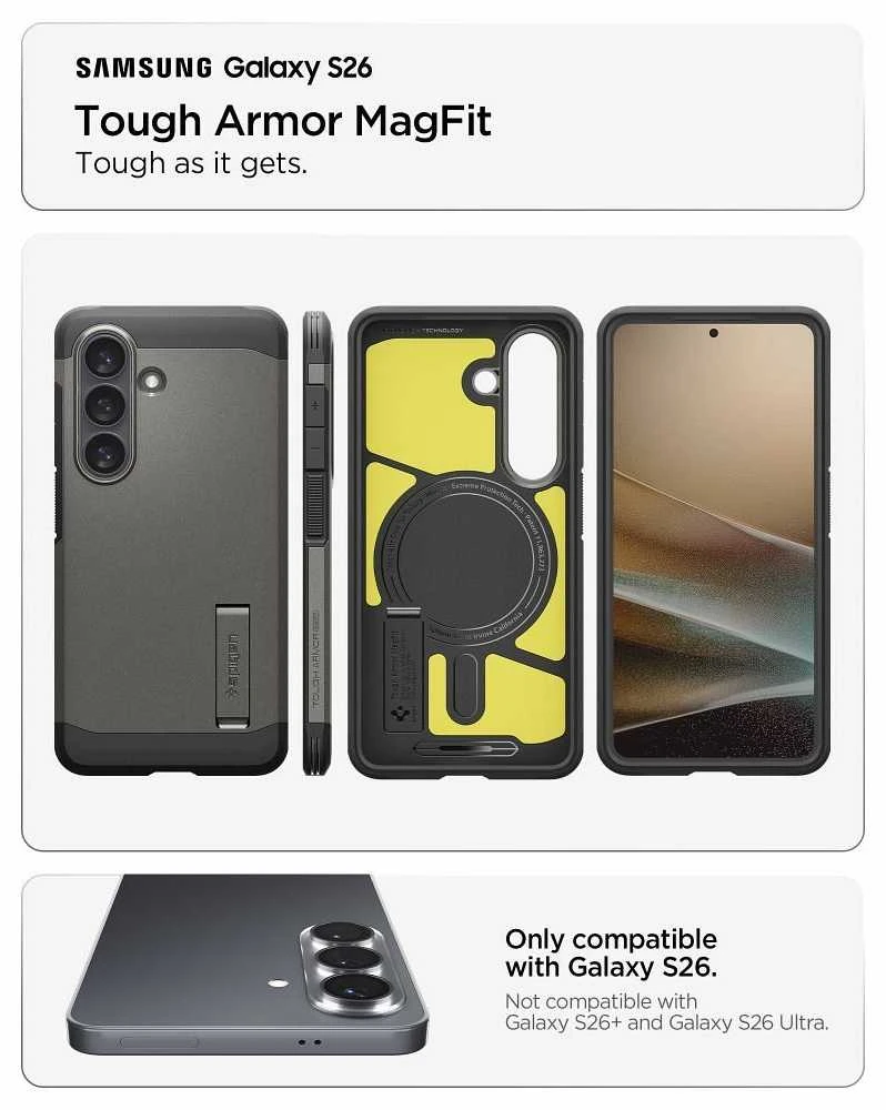 Spigen Tough Armor Mag MagSafe dėklas skirtas Samsung Galaxy S26 – pilkos spalvos
