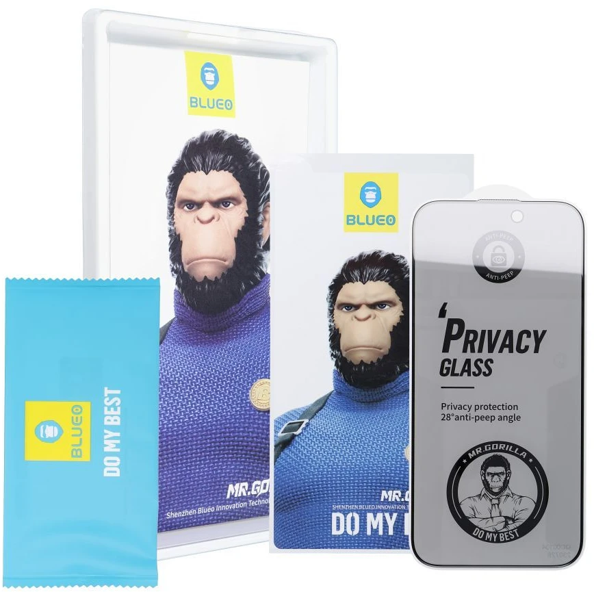 Blueo Szkło Hartowane 5D do iPhone 18 PRO Mr. Monkey Glass juoda (Anti-Peep Strong Privacy)