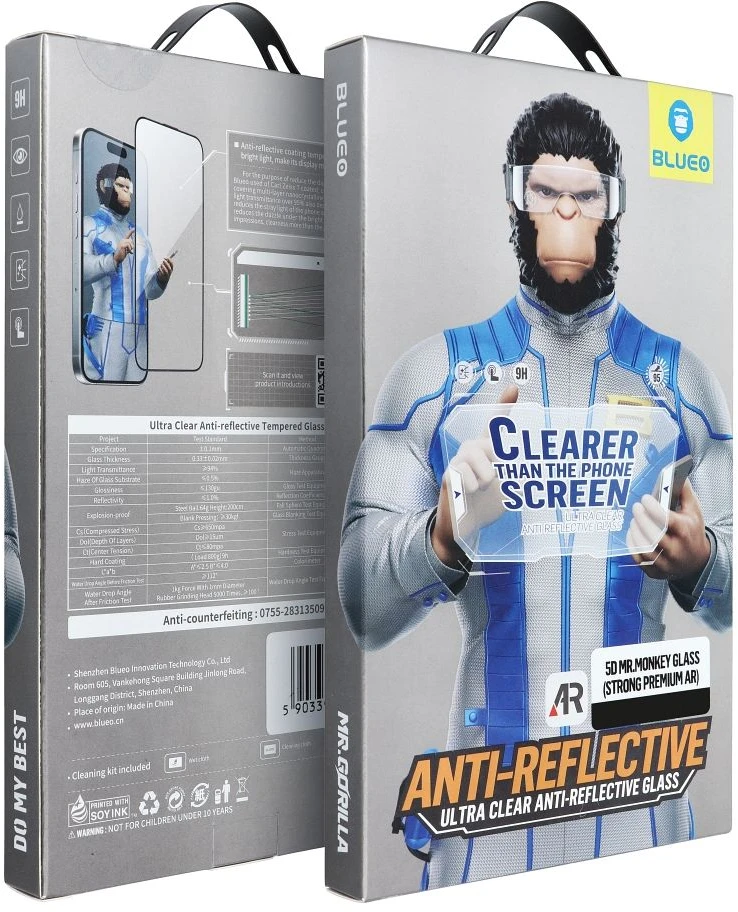 Blueo 5D grūdintas stiklas iPhone 18 PRO Mr. Monkey Glass (Strong Premium Ultra Clear AR) juodas