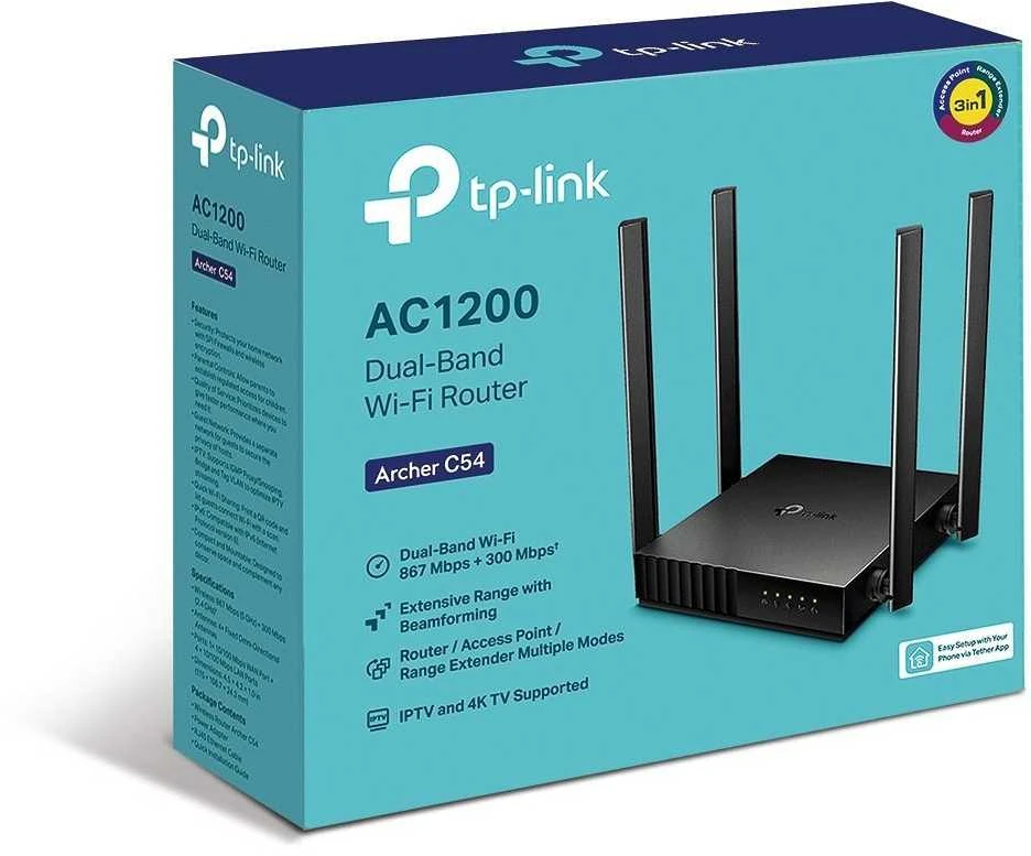 TP-LINK | Dual Band Maršrutizatorius | Lankininkas C54 | 802.11ac | 300+867 Mbit/s | 10/100 Mbit/s | Ethernet LAN (RJ-45) jungtys 4 | Tinklelio atramos Nr. | MU-MiMO Taip | Nėra mobiliojo plačiajuosčio ryšio | Antenos tipas 4xFiksuota
