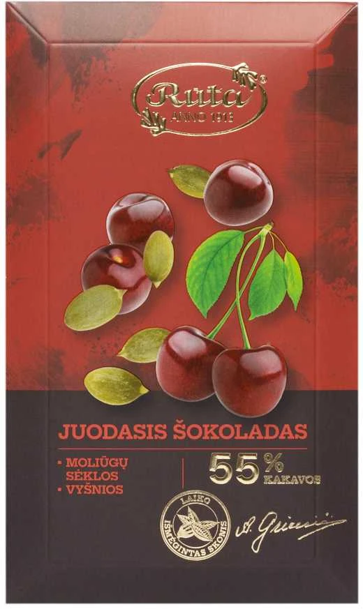 Rūta Juodasis šokoladas (55&nbsp;%) su moliūgų sėklomis ir vyšniomis, 90 g