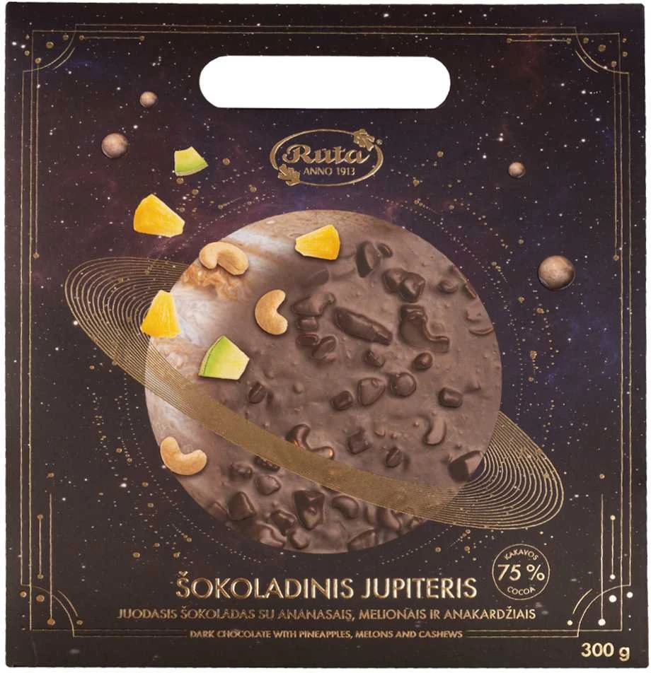 Rūta Juodasis šokoladas (75&nbsp;%) su ananasais, melionais ir anakardžiais „Šokoladinis Jupiteris“, 300g