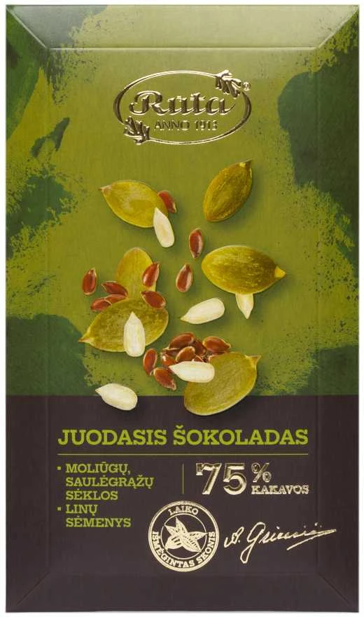 Juodas šokoladas RŪTA 75 % su moliūgų ir saulėgražų sėklomis ir linų sėmenimis, 90 g