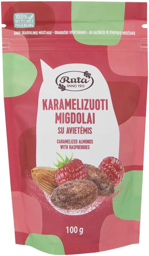 Rūta Karamelizuoti migdolai su avietėmis, 100 g