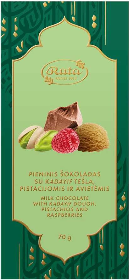 Rūta Pieninis šokoladas su Kadayif tešla, pistacijomis ir avietėmis, 70 g