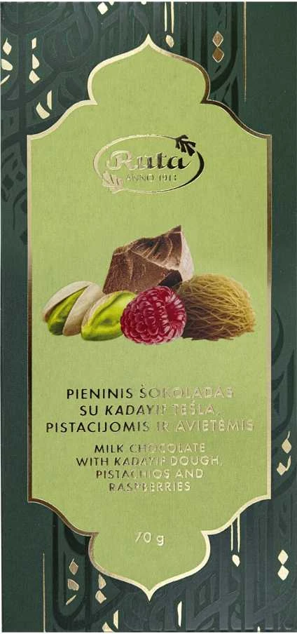 Rūta Pieninis šokoladas su Kadayif tešla, pistacijomis ir avietėmis, 70 g