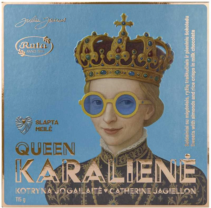 Rūta Saldainiai su migdolais, ryžių traškučiais ir pieniniu šokoladu „Karalienė Kotryna Jogailaitė“, 115 g