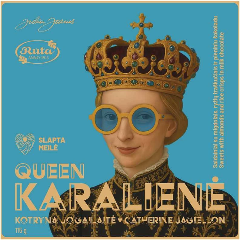 Rūta Saldainiai su migdolais, ryžių traškučiais ir pieniniu šokoladu „Karalienė Kotryna Jogailaitė“, 115 g