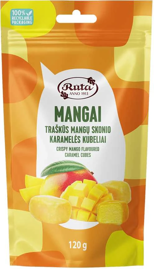 Rūta Traškūs mangų skonio karamelės kubeliai „Mangai“, 120 g