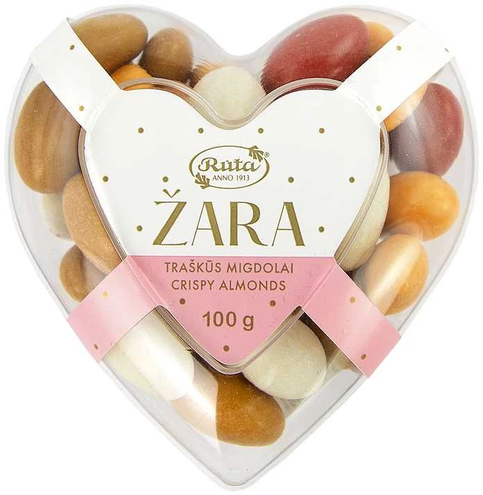 Rūta Traškūs migdolai su baltuoju šokoladu „Žara“, 100 g (širdelės formos dėžutėje)