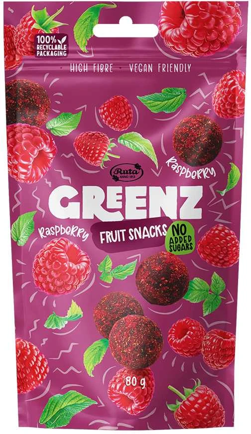 Rūta Vaisių užkandžiai su avietėmis „Greenz raspberry“, 80 g
